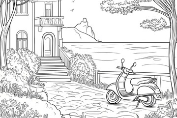 Sea embankment with a parked scooter near the house, coloring book.