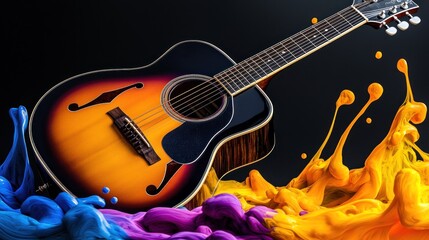 Naklejka premium Acoustic Guitar in Vibrant Color Splashes