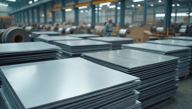 Stacks of galvanized steel sheets in factory setting. Aluminium metalwork production in industrial environment. Steel plates ready for processing like forming, cutting, welding. Metal industry