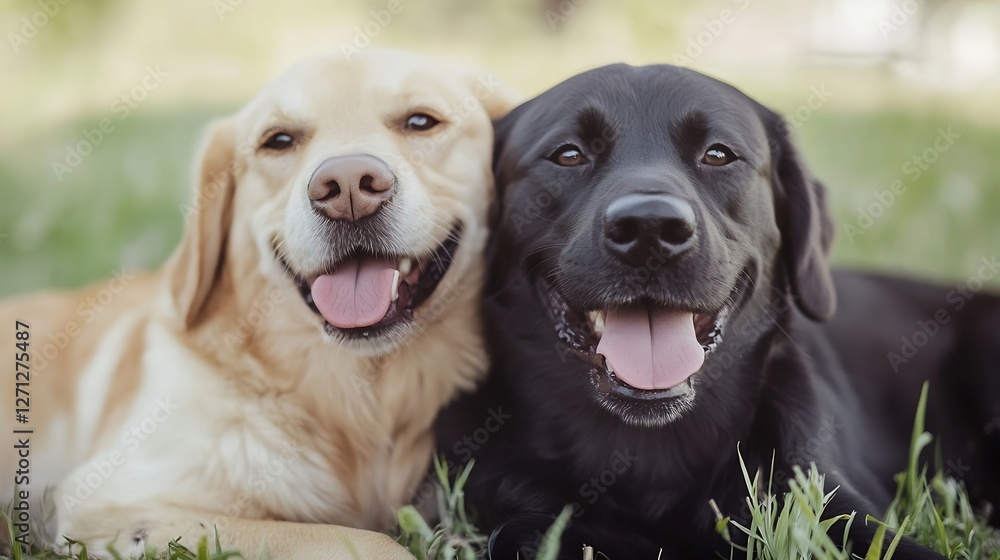 Poster adorable closeup of two happy dogs resting on the grass showcasing joyful companionship and affectio