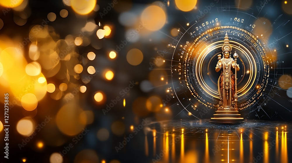 Poster Golden Statue Surrounded by Digital Lights With Bokeh in a Dark Abstract Backdrop