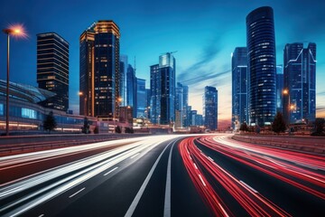 Obraz premium Road in city with skyscrapers and car traffic light trails infrastructure architecture cityscape.