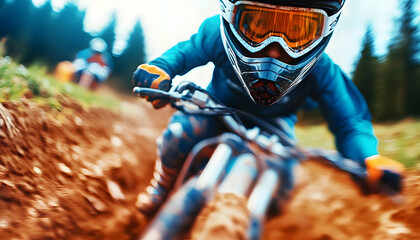 Mountain biker downhill, forest background, action shot, extreme sport