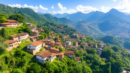 Mountain village aerial view, houses, hills, greenery, sunny day, travel