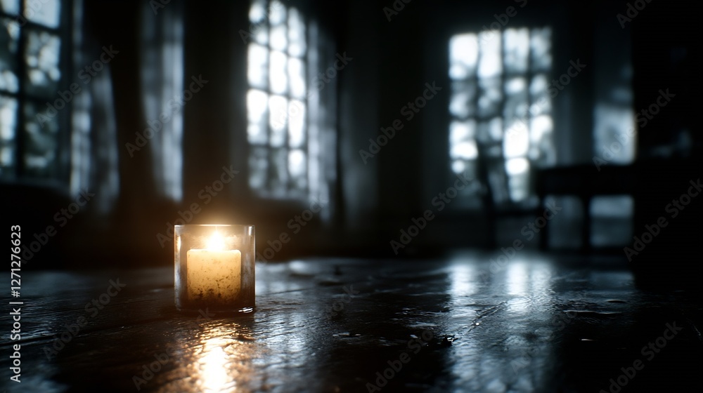 Poster a glowing candle sits on an aged wooden table casting warm light in a dark and moody room : generati