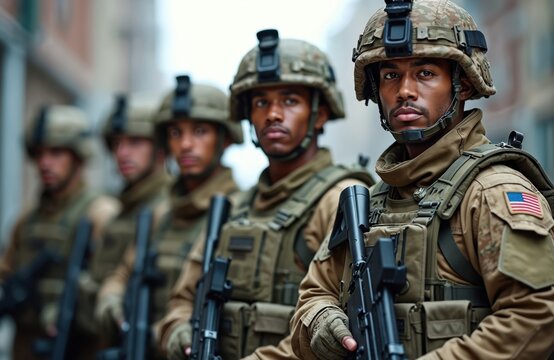 Group of US army soldiers with weapon rifles pose for photo. Men in modern military uniform. Portrait of group of military personel ready for battle. Team, squad of armed infantry men.