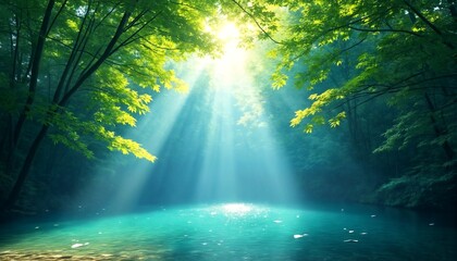 Sunlight filtering through trees over a body of water.