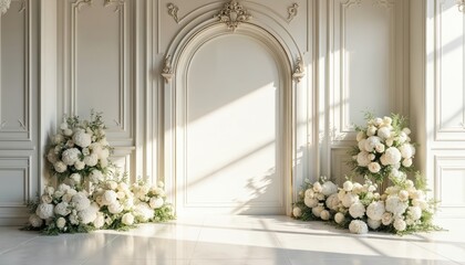 Luxury wedding ceremony interior with flower decor. Elegant wall design, copy space for text. Classic building columns, arched doorway, light from window. Palace indoor ornate architecture, light