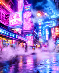 Neon-lit Asian street at night, misty, vibrant background, ideal for cyberpunk or fantasy settings