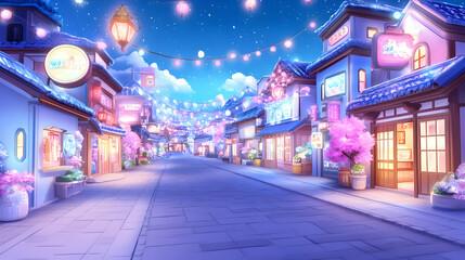 Obraz premium Night market street, Asian town, lanterns, cherry blossoms, game background