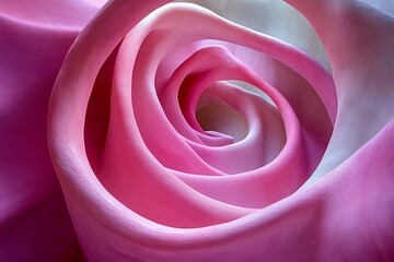 Close-up view of a pink and white rose petal spiral, showcasing intricate details and soft textures