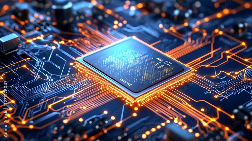 Poster macro shot of a blue and orange computer circuit board microchip processor