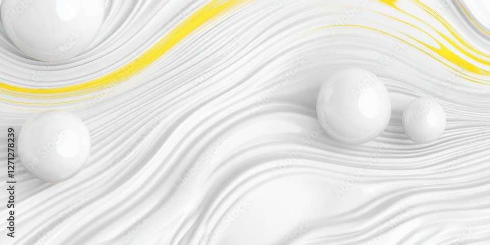 Poster abstract white wavy background with yellow lines and spherical elements