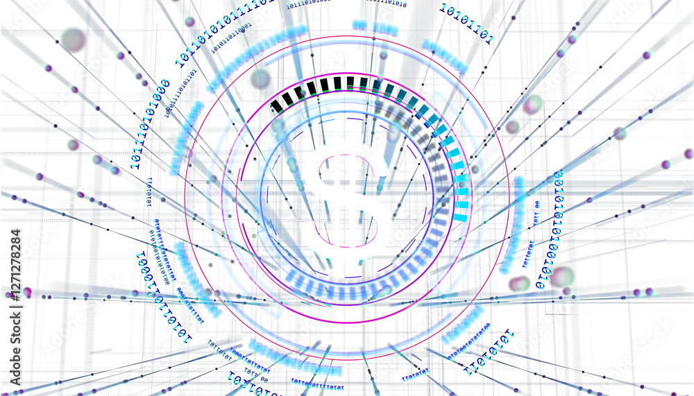 Poster Abstract digital background with dollar symbol, futuristic financial concept, glowing lines, binary code, and data elements on white. 3D Rendering.