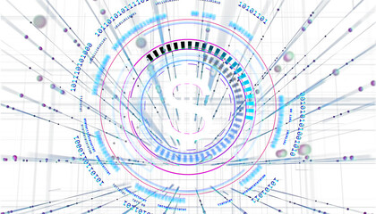 Abstract digital background with dollar symbol, futuristic financial concept, glowing lines, binary code, and data elements on white. 3D Rendering.
