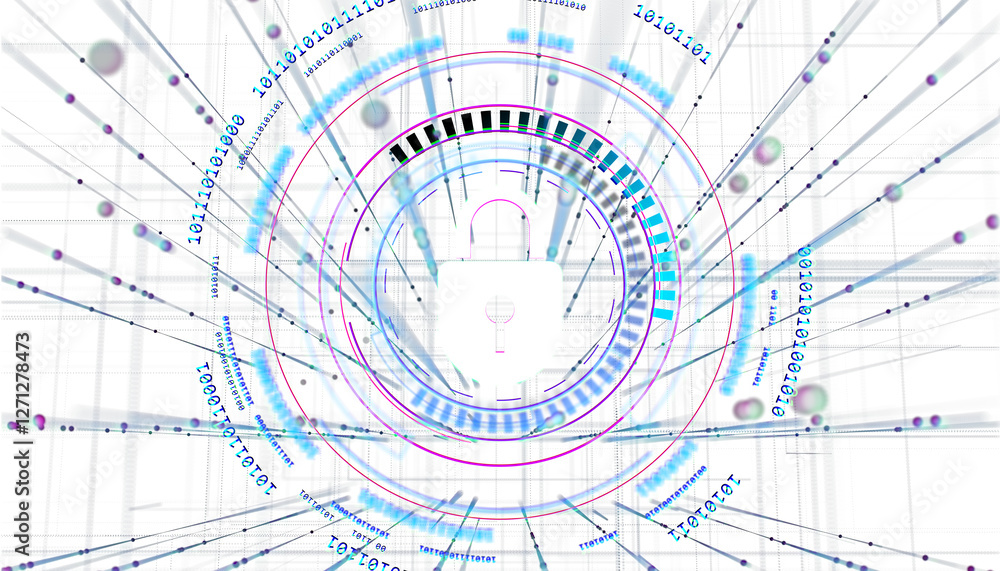 Aufkleber Abstract digital lock surrounded by futuristic binary code and data elements on a bright background. Concept of cybersecurity and data protection. 3D Rendering