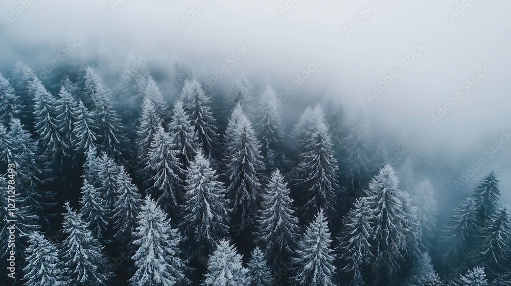 Poster Stunning aerial view of snowcovered evergreen trees surrounded by mist creating a winter wonderland : Generative AI