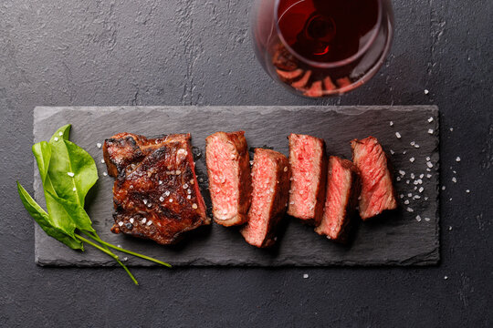 A perfectly cooked sliced striploin steak with a juicy, tender texture