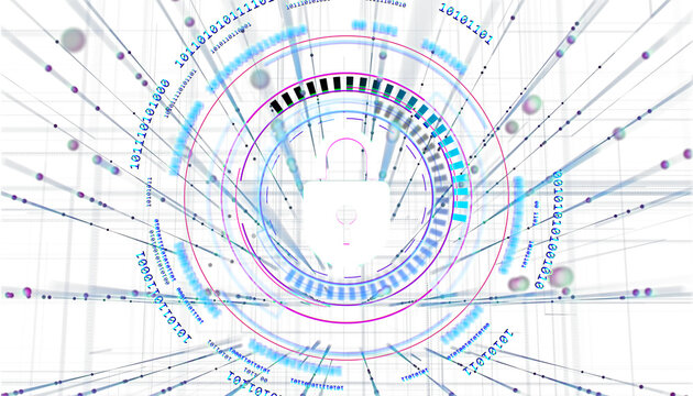 Abstract digital lock surrounded by futuristic binary code and data elements on a bright background. Concept of cybersecurity and data protection. 3D Rendering