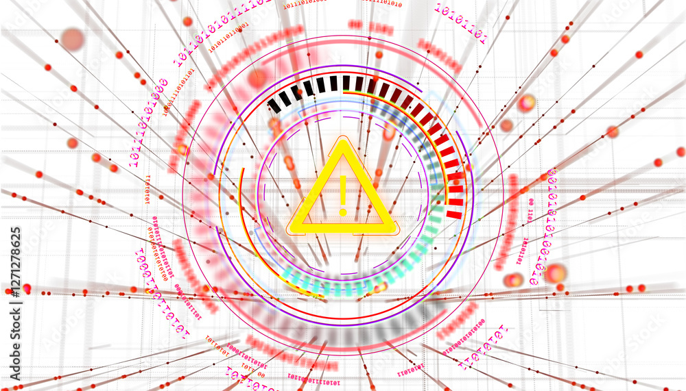Poster Abstract digital warning interface with cyber alert symbol, data elements, and futuristic design on a white background. Concept of cybersecurity. 3D Rendering.