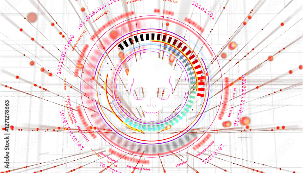 Poster Abstract skull with digital data, binary code, and futuristic circular HUD elements on a white background. Concept of cyber threats and hacking. 3D Rendering.