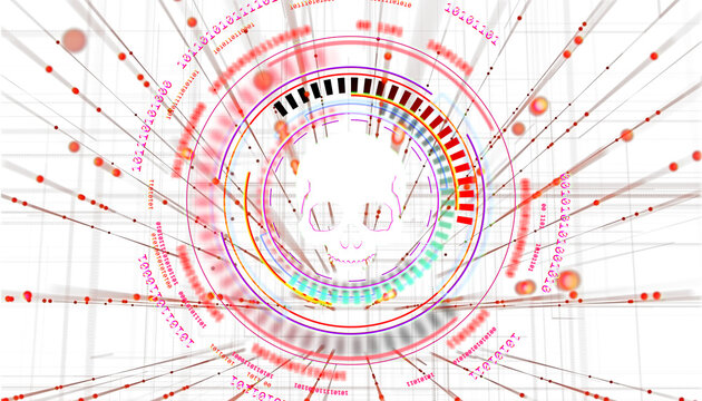 Abstract skull with digital data, binary code, and futuristic circular HUD elements on a white background. Concept of cyber threats and hacking. 3D Rendering.