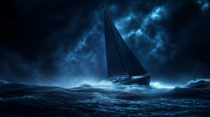 A sailing yacht caught in stormy weather with thunder and lightning,A sailboat navigates rough seas under dark, ominous storm clouds, showcasing the struggle against nature's powerful forces