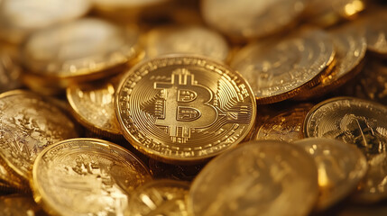 Golden Bitcoin coins stacked together, symbolizing cryptocurrency wealth and investment opportunities. shiny surface reflects light, creating appealing visual for financial themes