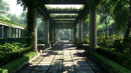 Obraz premium Sunlit Stone Path Through Lush Green Garden with Pergola