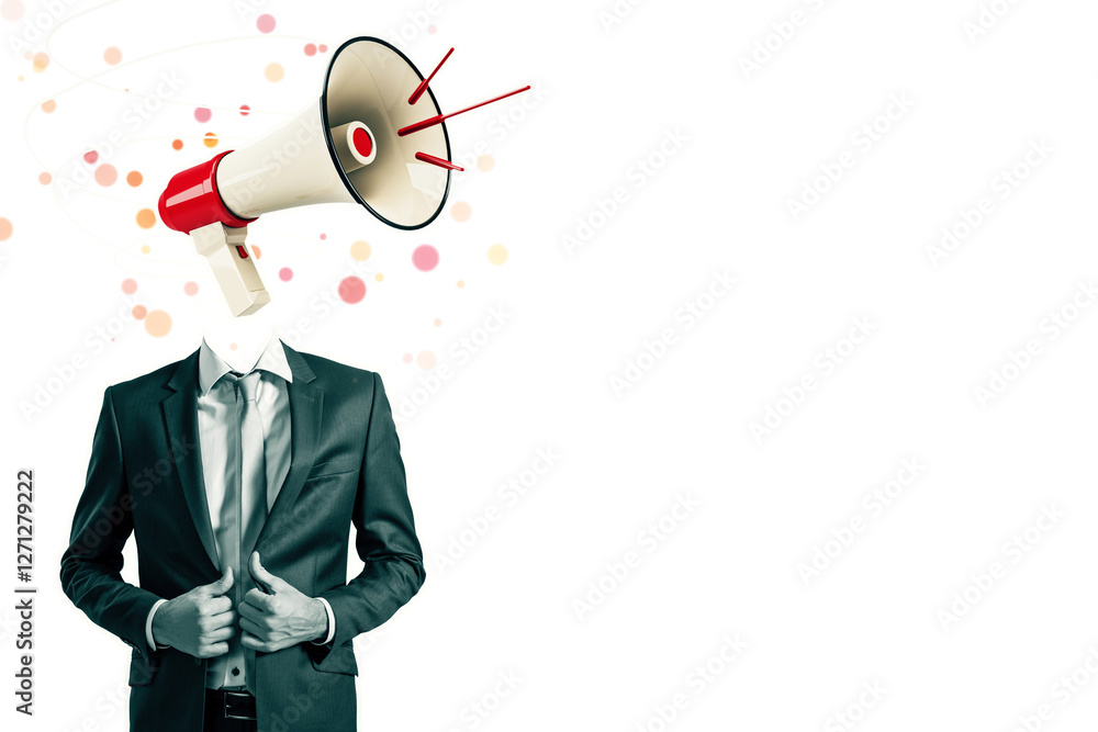 Poster businessman in suit with megaphone instead of head, isolated on white background with abstract eleme