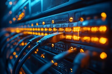 Network server with illuminated ports and connected cables in a data center during nighttime