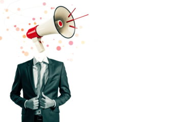 Businessman in suit with megaphone instead of head, isolated on white background with abstract elements, symbolizing communication concept