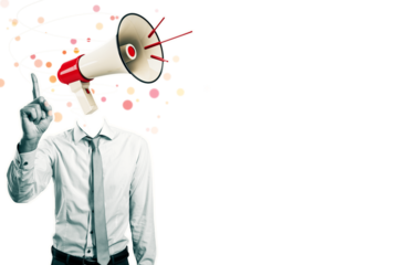 Businessman in formal attire with a megaphone as a head, raising his finger, on a white background. Concept of communication, leadership, speech