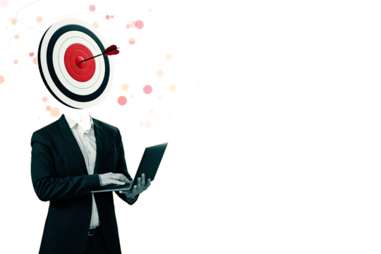 Businessman in suit with a target as a head, holding a laptop, standing on a white background. Concept of focus, goal setting, and business strategy
