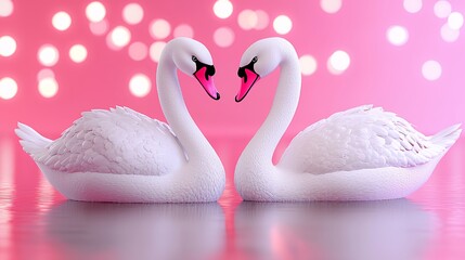 Naklejka premium Two White Swans Forming Heart Shape on Pink Bokeh Background