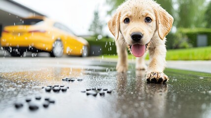 A mischievous puppy with muddy paws leaving a trail of paw prints across a freshly washed car, its...