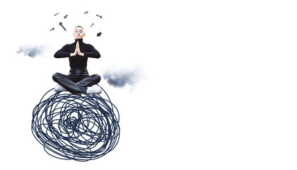 Female in black outfit sits cross-legged on chaotic scribble ball, meditating with arrows around...