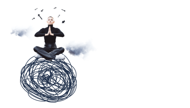 Female in black outfit sits cross-legged on chaotic scribble ball, meditating with arrows around head, concept of stress management on white background - Powered by Adobe