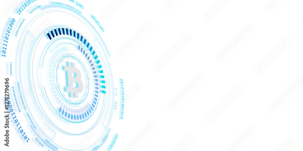Poster Bitcoin symbol with a futuristic blockchain interface, blue digital elements, and technology-inspired layout on a white background. 3D Rendering.