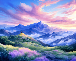 Person contemplates sunset mountain vista; peaceful landscape for travel brochures