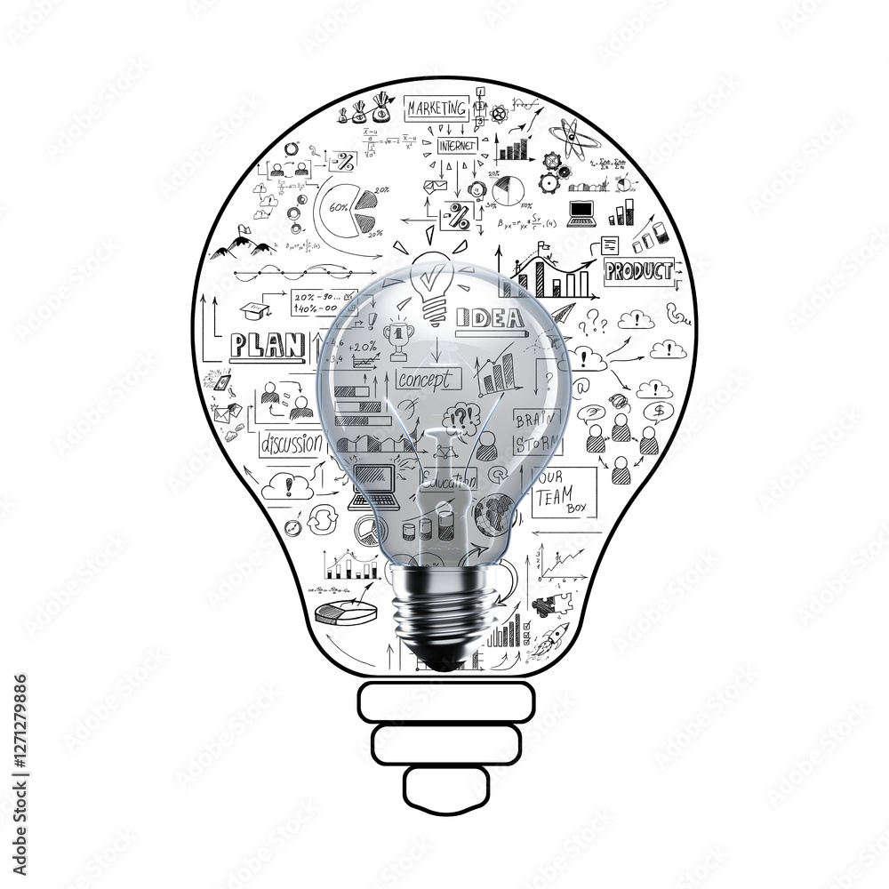 Poster light bulb with hand-drawn business strategy sketches, isolated on transparent background. concept o
