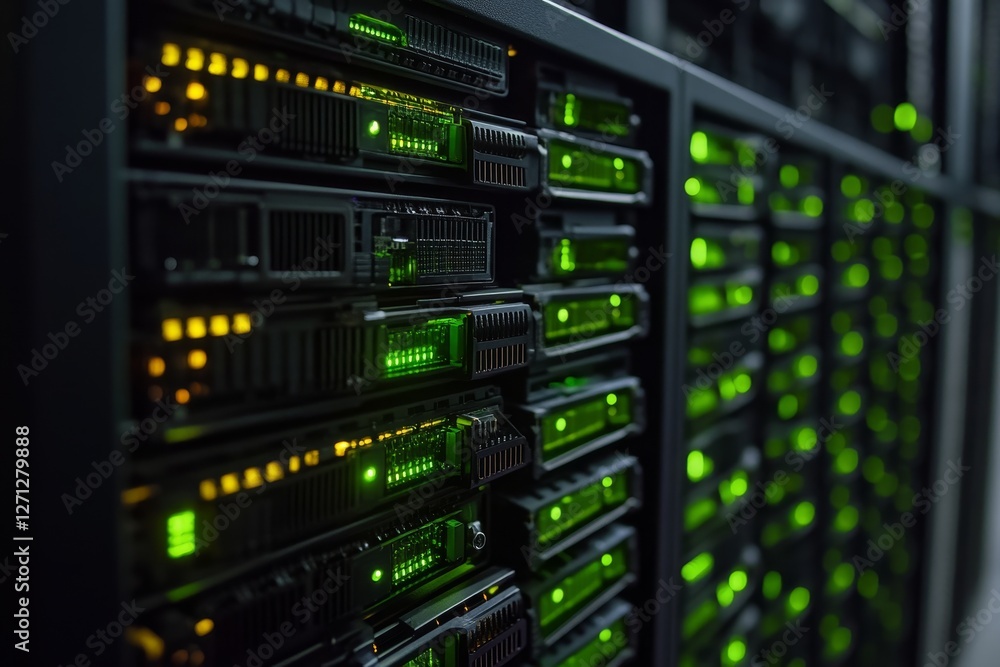 Aufkleber data center filled with servers displaying green and yellow indicator lights in a modern technology 