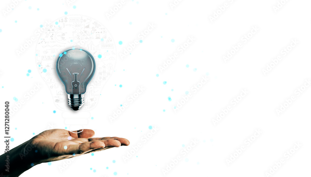 Poster transparent lightbulb hovering above an open hand with blue glowing particles on a white background,