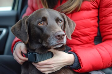Woman Fastening Dog In Car With Safe Belt, 