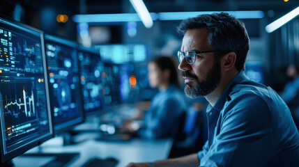 focused engineer analyzing data on multiple screens in modern workspace