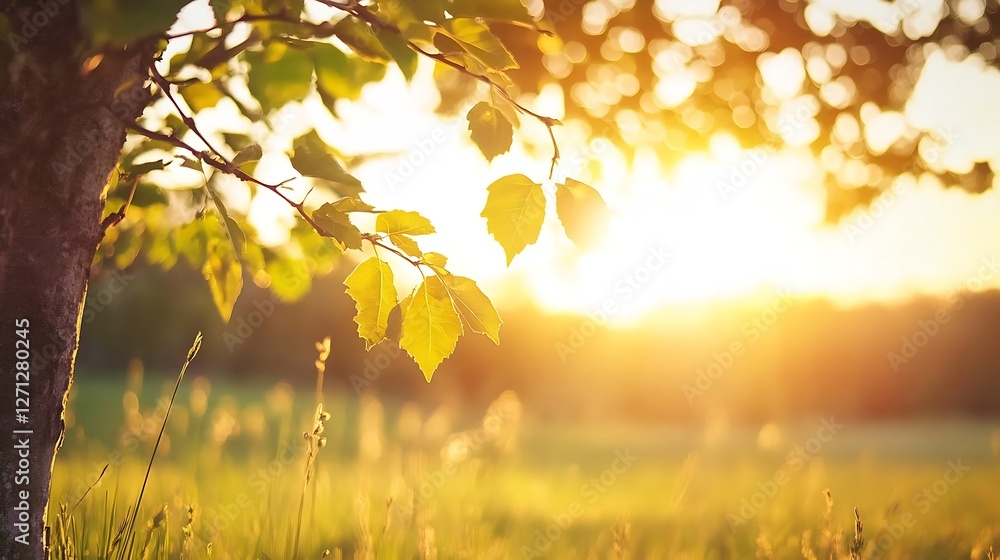 Aufkleber golden sunlight filtering through leaves of a tree in a serene natural setting during sunset : gener