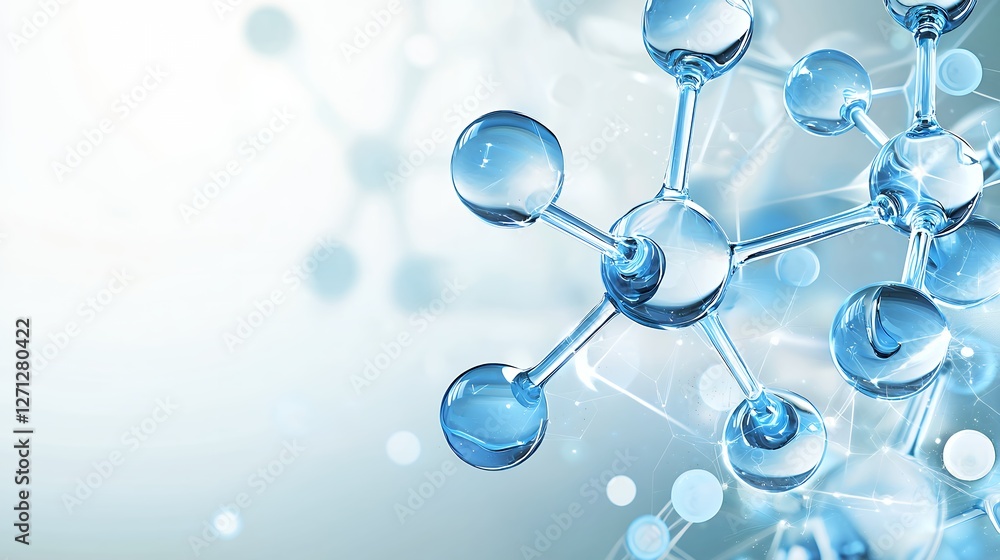Poster molecular structure with blue spheres and connection on white gradient backdrop