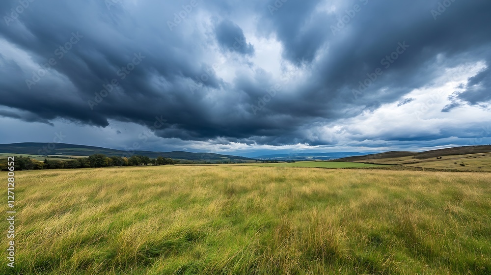 Poster dramatic cloudy sky over wide open field capturing nature's beautiful landscape : generative ai