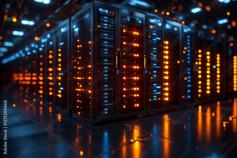 Aufkleber data center filled with high-tech servers illuminated by colorful lights during late hours
