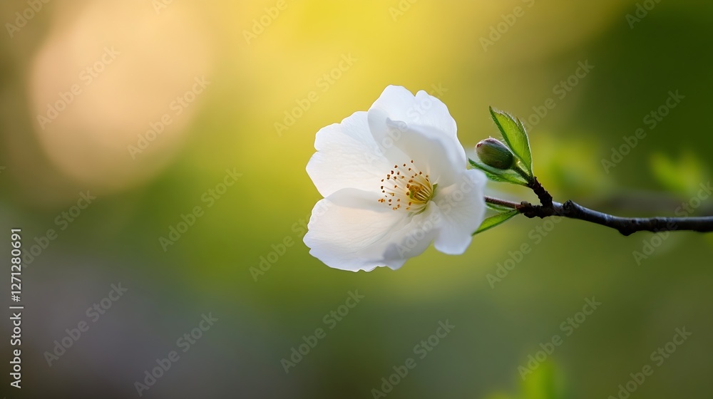 Poster beautiful white blossom on a delicate branch with soft blurred background in nature : generative ai